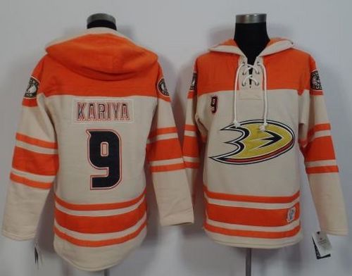 Ducks #9 Paul Kariya Cream/Orange Sawyer Hooded Sweatshirt Stitched NHL Jersey - Click Image to Close